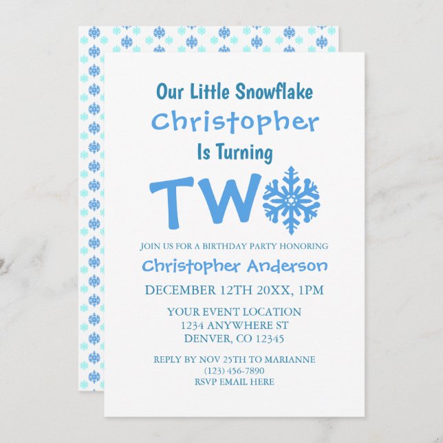 Little Snowflake 2nd Birthday Invitation (Front/Back)