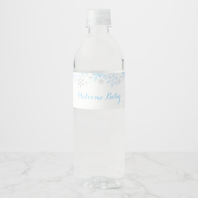 Little Snowflake Baby Shower Water Label, Blue Bottle Label (Front)