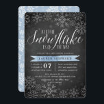 Little Snowflake Blue Chalkboard Baby Shower Invitation<br><div class="desc">Brrr! Frosty chic invitations for winter baby showers feature a white snowflake border on a rustic chalkboard background with light blue watercolor accents. "A little snowflake is on the way" appears at the top in chic white calligraphy script lettering. Personalise with your baby boy shower details beneath using the template...</div>