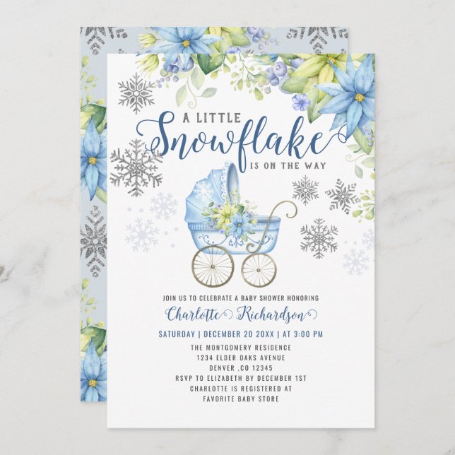 Little Snowflake Blue Floral Winter Baby Shower Invitation (Front/Back)