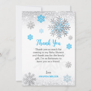 Little Snowflake Blue Silver Glittery Baby Shower Thank You Card