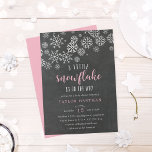 Little Snowflake Chalkboard Baby Shower Invitation<br><div class="desc">Brrr! Frosty chic invitations for winter baby showers feature white snowflakes on a chalkboard background with "a little snowflake is on the way" in pink and white lettering. Personalise with your baby girl shower details beneath using the template fields. Cards reverse to solid light pink.</div>