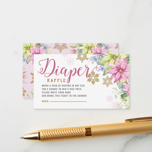 Little Snowflake Floral Diaper Raffle  Baby Shower Enclosure Card (Front/Back In Situ)