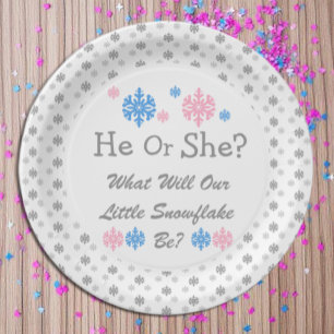Little Snowflake Gender Reveal Paper Plate
