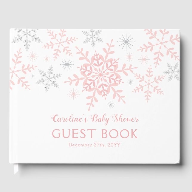 Little Snowflake Girl Baby Shower in Pink Silver Guest Book (Front)