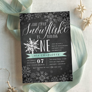 Little Snowflake Mint Chalkboard First Birthday Invitation