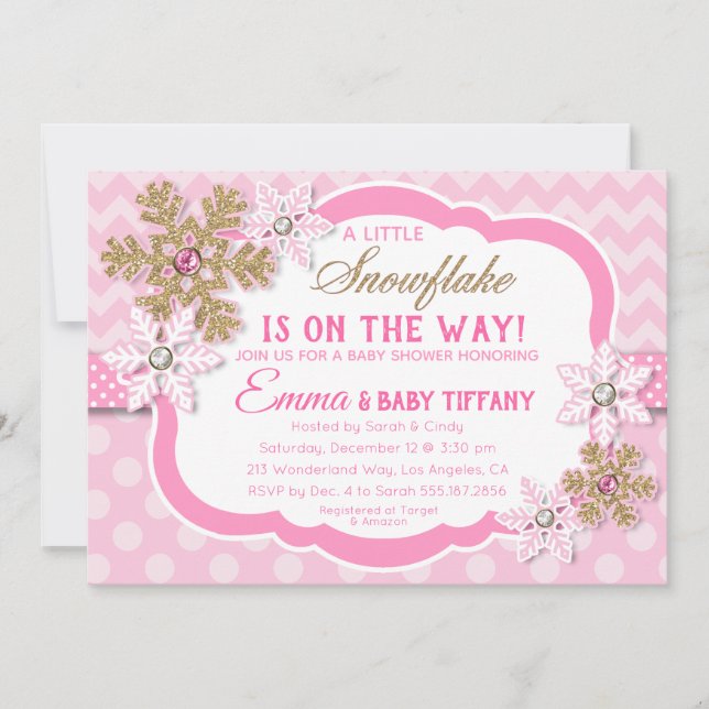 Little Snowflake Pink and Gold Glitter Baby Shower Invitation (Front)