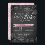 Little Snowflake Pink Chalkboard Baby Shower Invitation<br><div class="desc">Brrr! Frosty chic invitations for winter baby showers feature a white snowflake border on a rustic chalkboard background with baby pink watercolor accents. "A little snowflake is on the way" appears at the top in chic white calligraphy script lettering. Personalise with your baby girl shower details beneath using the template...</div>