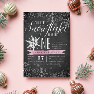 Little Snowflake Pink Chalkboard First Birthday Invitation