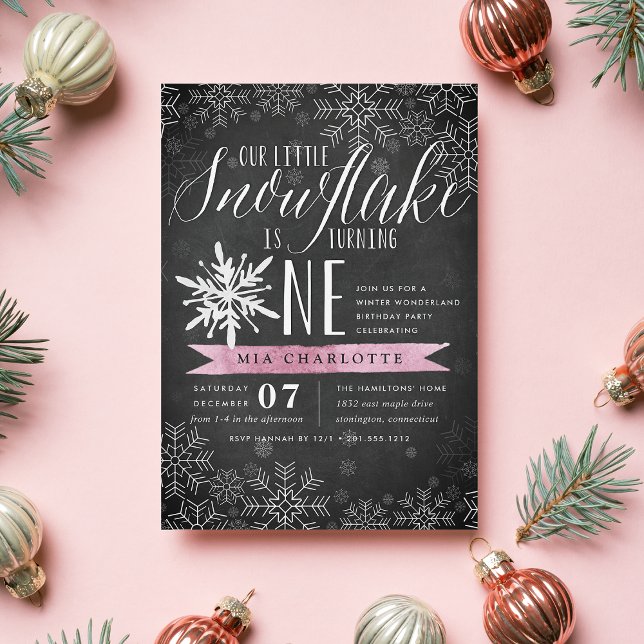 Little Snowflake Pink Chalkboard First Birthday Invitation (Creator Uploaded)