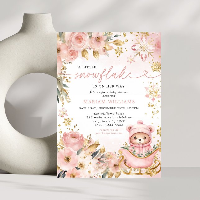 Little Snowflake Pink Floral Bear Baby Shower Invitation (Creator Uploaded)