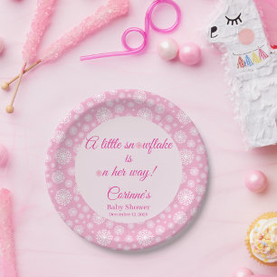 Little snowflake pink girl baby shower paper plate