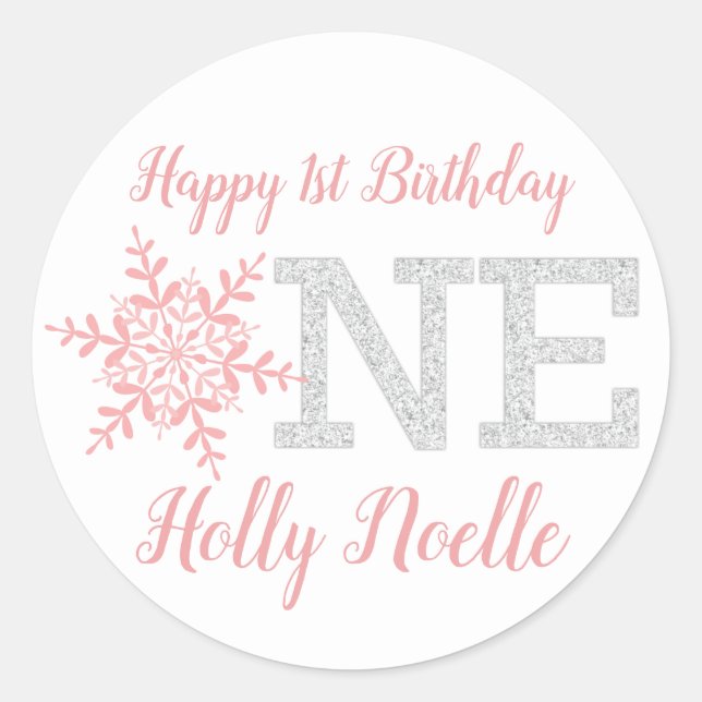 Little Snowflake Pink Silver Glitter 1st Birthday Classic Round Sticker (Front)