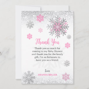 Little Snowflake Pink Silver Glittery Baby Shower Thank You Card