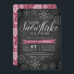 Little Snowflake Plum Chalkboard Baby Shower Invitation<br><div class="desc">Brrr! Frosty chic invitations for winter baby showers feature a white snowflake border on a rustic chalkboard background with plum purple watercolor accents. "A little snowflake is on the way" appears at the top in chic white calligraphy script lettering. Personalise with your baby girl shower details beneath using the template...</div>