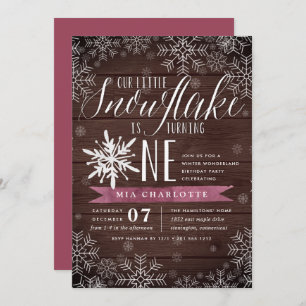 Little Snowflake Plum Rustic Wood First Birthday Invitation