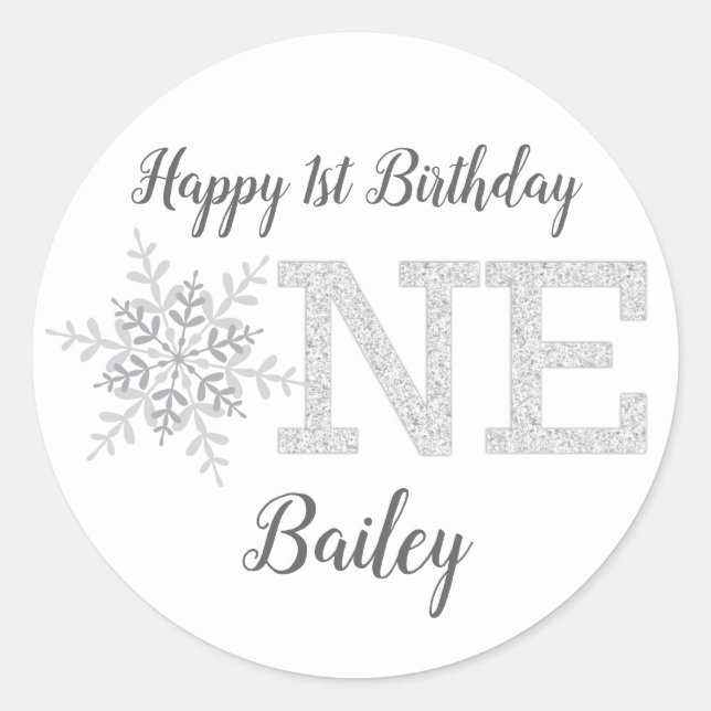 Little Snowflake Silver Glitter 1st Birthday Classic Round Sticker (Front)
