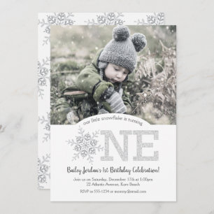 Little Snowflake Silver Glitter 1st Birthday Photo Invitation