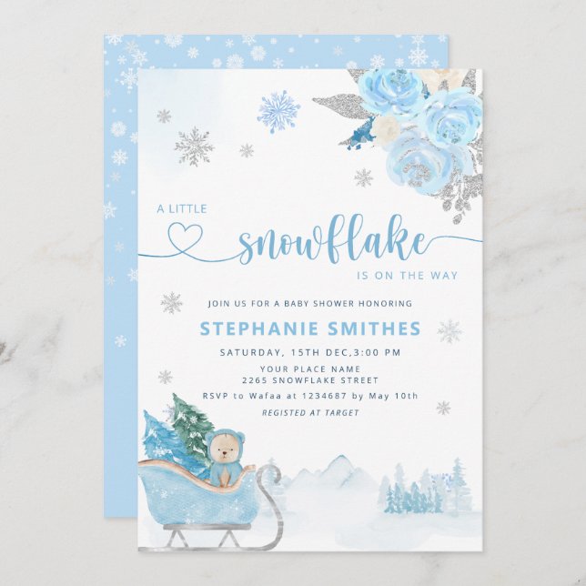 Little Snowflake Teddy Bear Winter Baby Shower Boy Invitation (Front/Back)