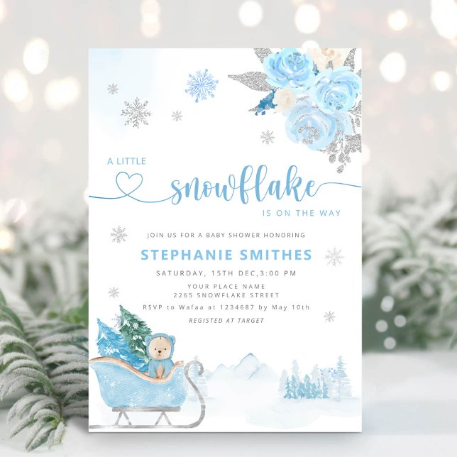 Little Snowflake Teddy Bear Winter Baby Shower Boy Invitation (Creator Uploaded)