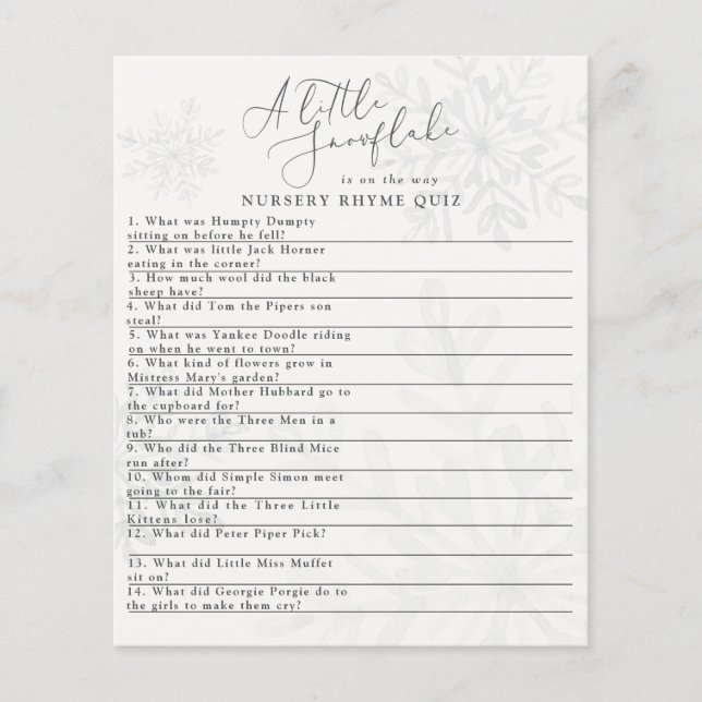 little snowflake winter baby shower rhyme quiz (Front)