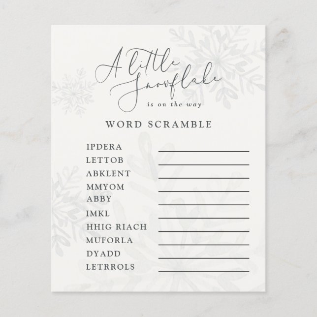 little snowflake winter baby shower word scramble (Front)