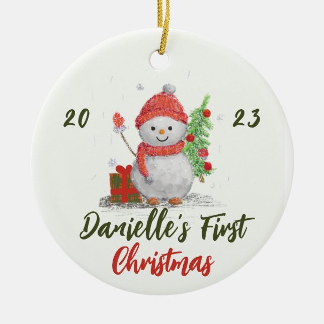 little snowman and christmas tree photo ceramic ornament (Front)
