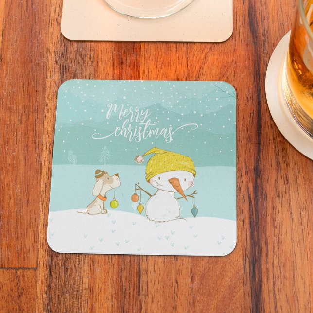 Little snowman and dog in christmas winter scene coaster (Creator Uploaded)