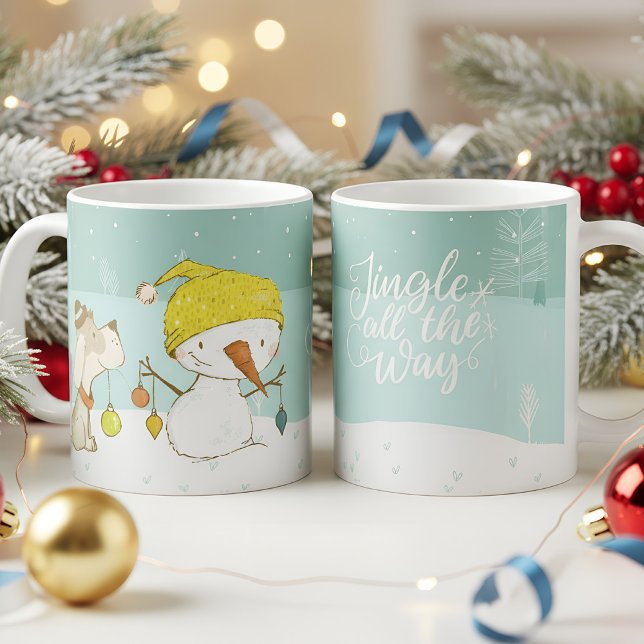Little snowman and dog in christmas winter scene coffee mug (christmas mug little snowman and dog)