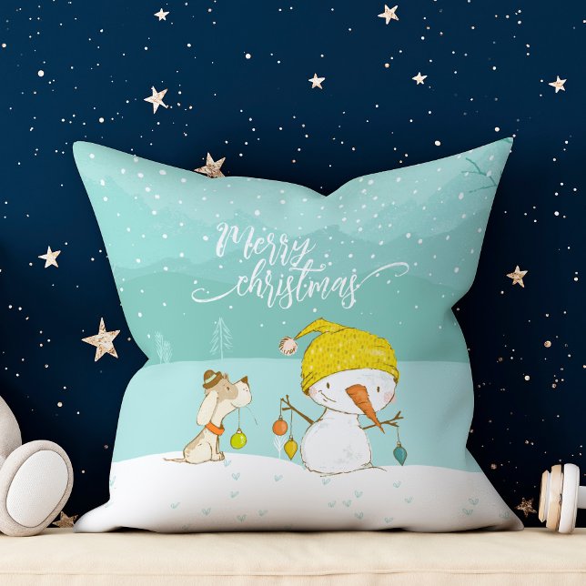 Little snowman and dog in christmas winter scene cushion (Creator Uploaded)