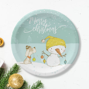 Little snowman and dog in christmas winter scene paper plate