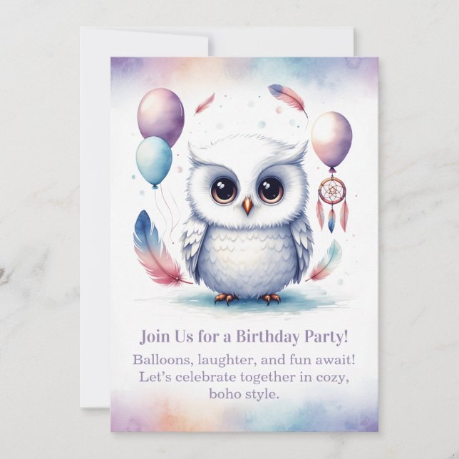 Little Snowy Owl Birthday Invitation Boho  (Front)