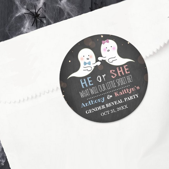 Little Spirit Halloween Ghosts Gender Reveal Party Classic Round Sticker (Creator Uploaded)
