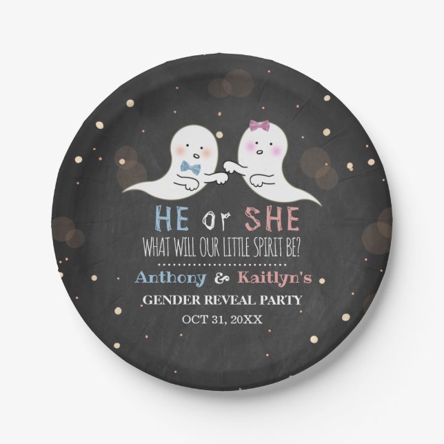 Little Spirit Halloween Ghosts Gender Reveal Party Paper Plate (Front)