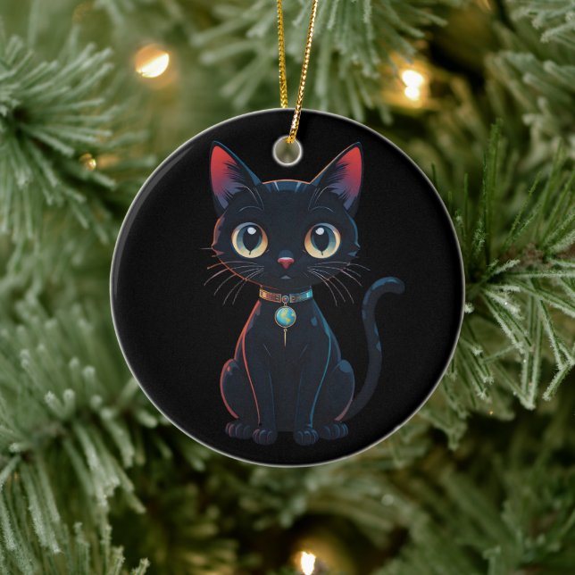 Little Spooky Black Cat Ceramic Ornament (Tree)