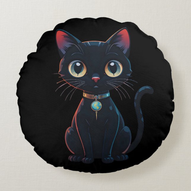 Little Spooky Black Cat Round Cushion (Front)