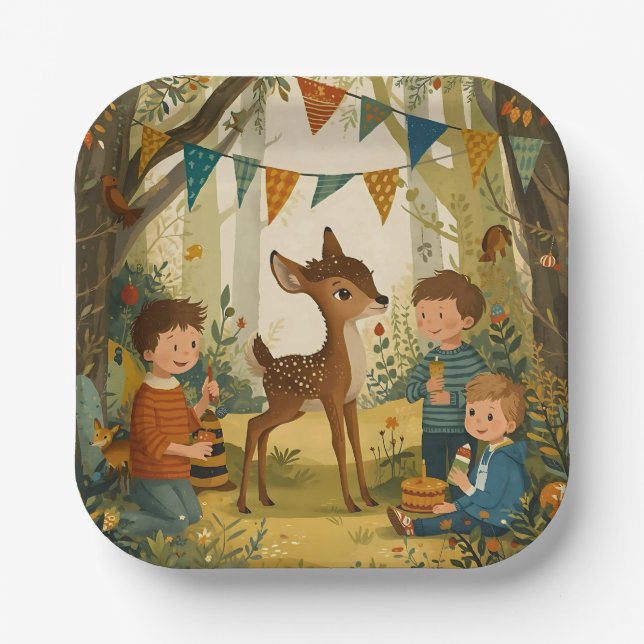 Little Spotted Deer Woodland Birthday Party Paper  Paper Plate (Front)