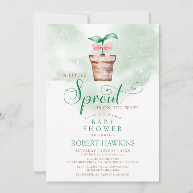 Little Sprout is on the Way Garden Bow Baby Shower Invitation (Front)