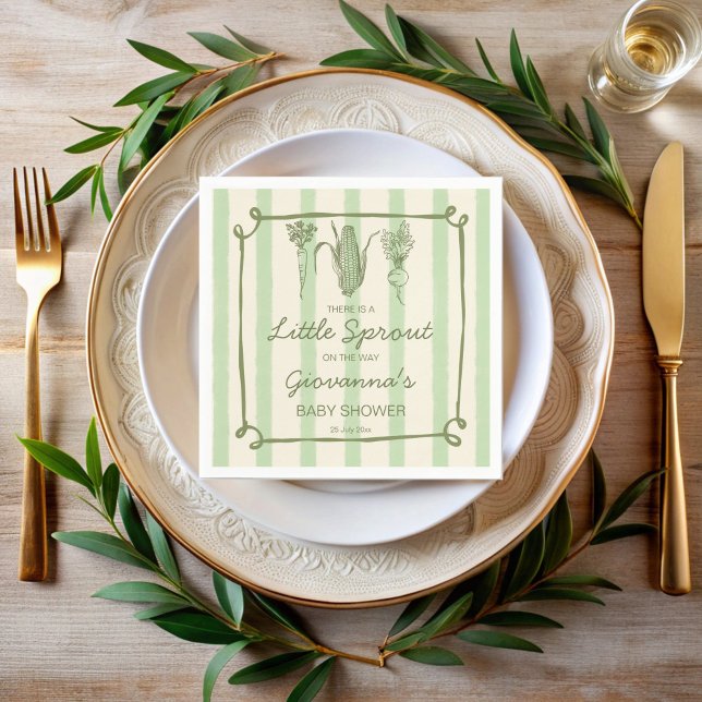 Little sprout is on the way stripped Baby Shower Napkin (Little sprout is on the way sage green retro stripes Baby Shower personalized monogrammed Napkins)