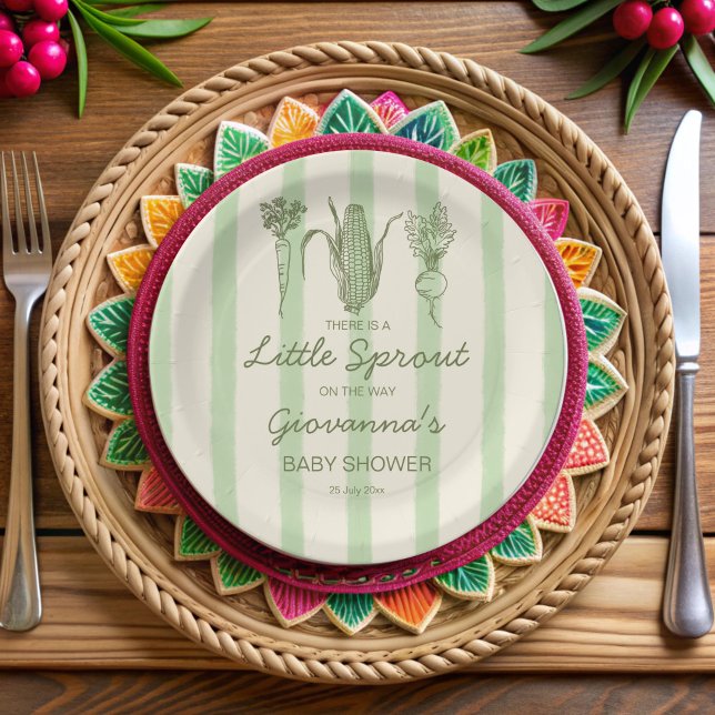 Little sprout is on the way stripped Baby Shower Paper Plate (Little sprout is on the way retro green stripes Baby Shower monogrammed Paper Plates)