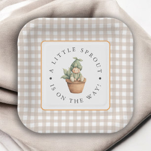 Little Sprout Neutral Beige Gingham Baby Shower Paper Plate
