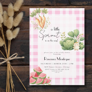 Little Sprout Pink Gingham Veggie Baby Shower Invitation
