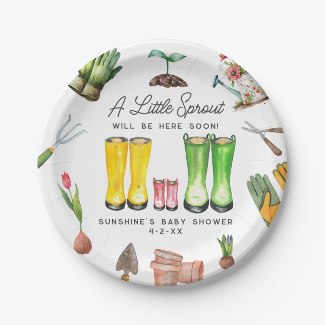 Little Sprout Pink Rain Boots Garden Baby Shower Paper Plate (Front)