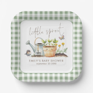 Little Sprout Sage Gingham Garden Baby Shower  Paper Plate