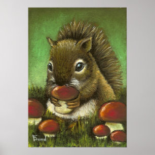 Little squirrel and mushrooms poster