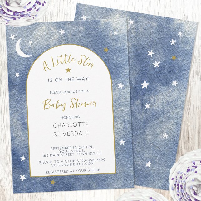 Little Star Celestial Watercolor Baby Shower Invitation (Little Star celestial personalized custom text watercolor baby shower invitation in navy white gold)