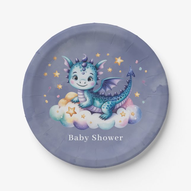 Little Star Dragon Boy Baby Shower Paper Plate (Front)