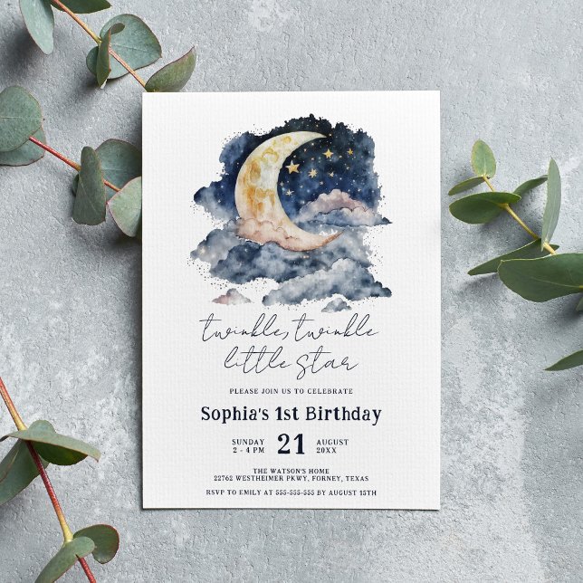 Little Star Watercolor Moon Kids Birthday Invitation (Creator Uploaded)