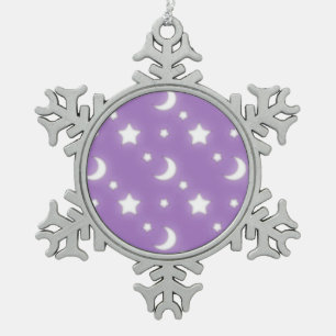 Little Stars and Moons Purple Background Pattern Snowflake Pewter Christmas Ornament