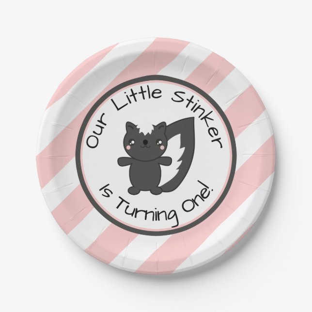 Little Stinker Is One Pink Stripes Skunk Birthday Paper Plate (Front)